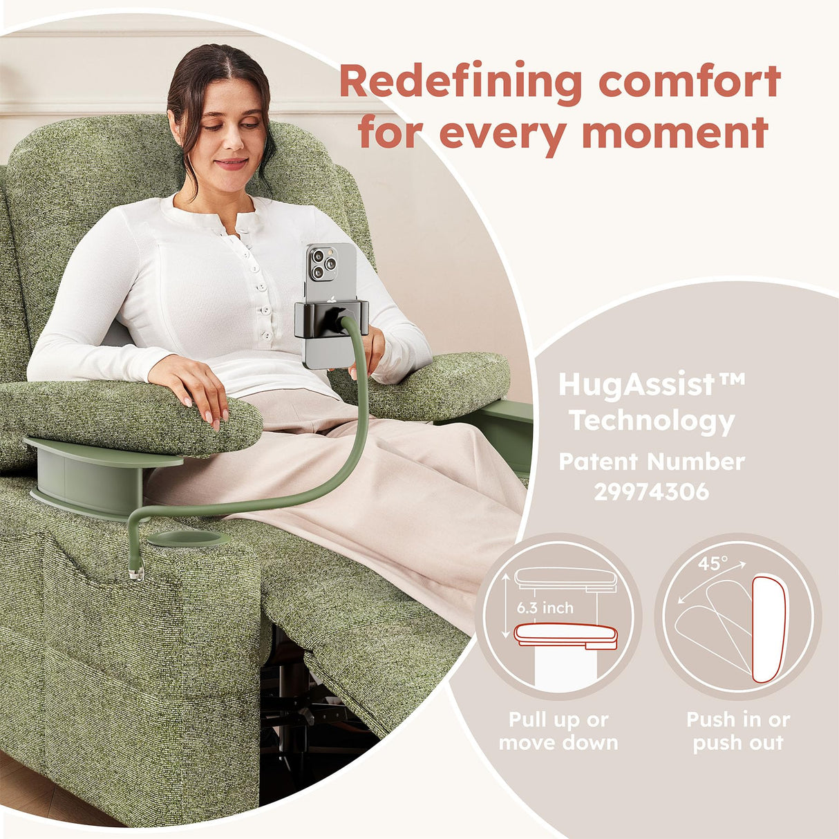 MAMAZING Triple Motor Power Swivel Rocker Recliner Chair with Adjustable Armrests for Adults Elderly, FSC Certified Faux Leather Rocking Chair Nursery for Breastfeeding(Green) MAMAZING