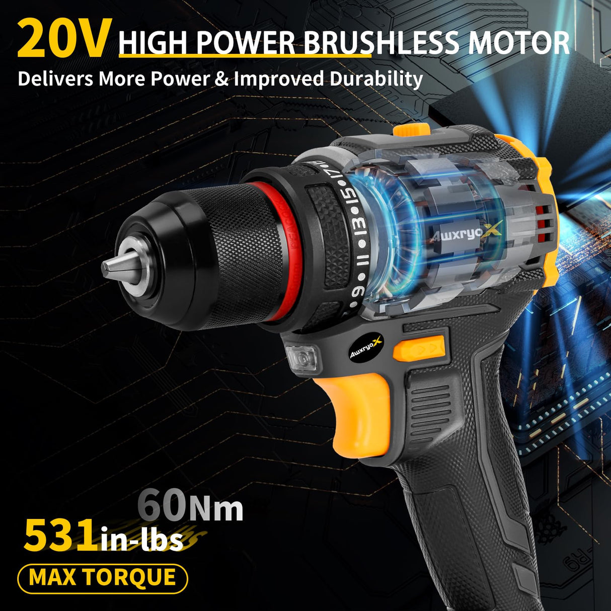 AwxryoX Brushless Compact Drill Tool Set, 60N.m 20V Cordless Drill Tool Box with 2 Battery, 135Pcs Man Household Tool Set with DIY Hand Tool Kits, 531 In-lb Tool Set with Drill for Daily Home Repair AwxryoX