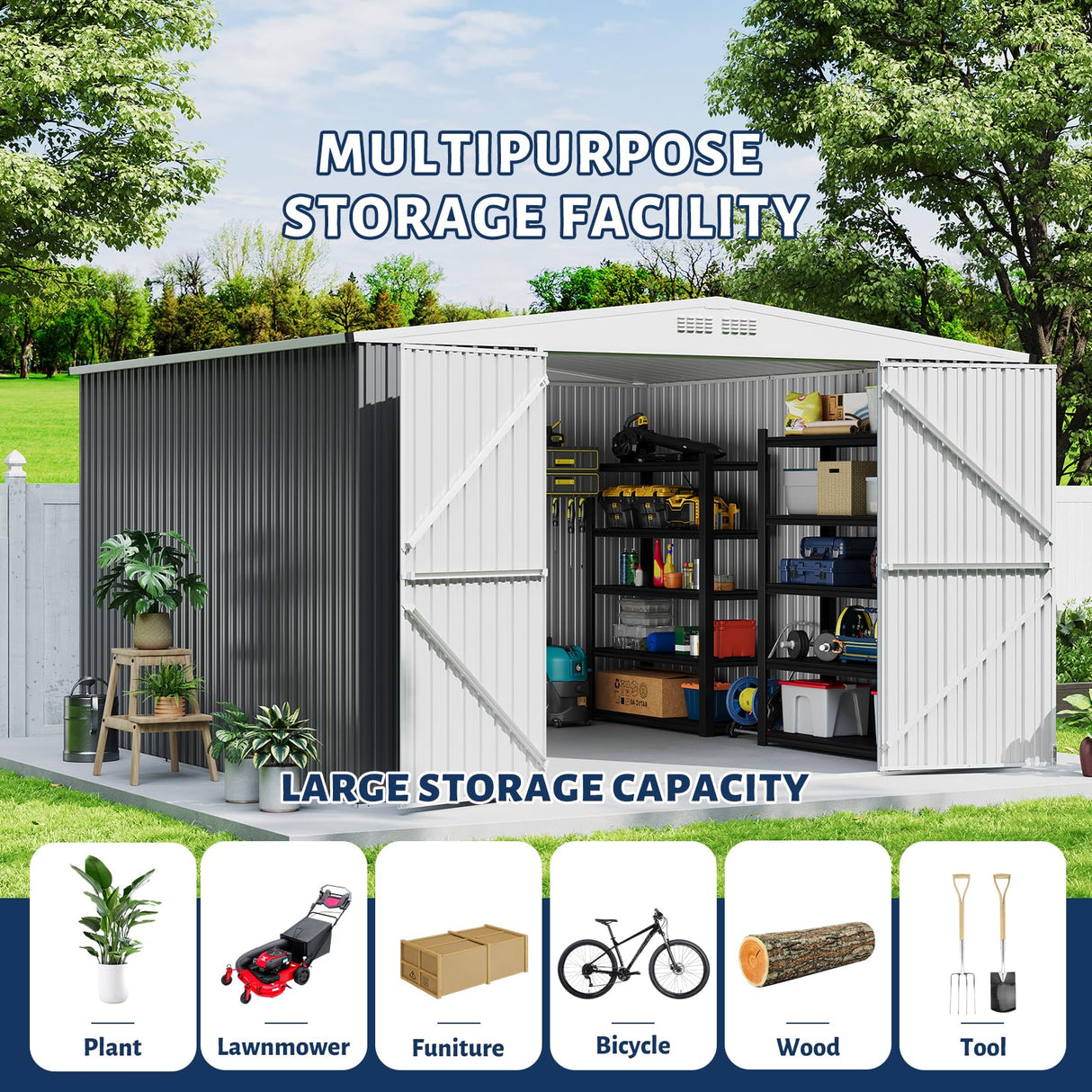 GarveeLife 9x12 Shed for Outdoor Storage, Galvanized Steel Metal Tool Sheds House with Lockable Doors, Lock & Air Vent, Large Utility Sheds for Patio Garden Lawn (9x12.6, Grey) GarveeLife