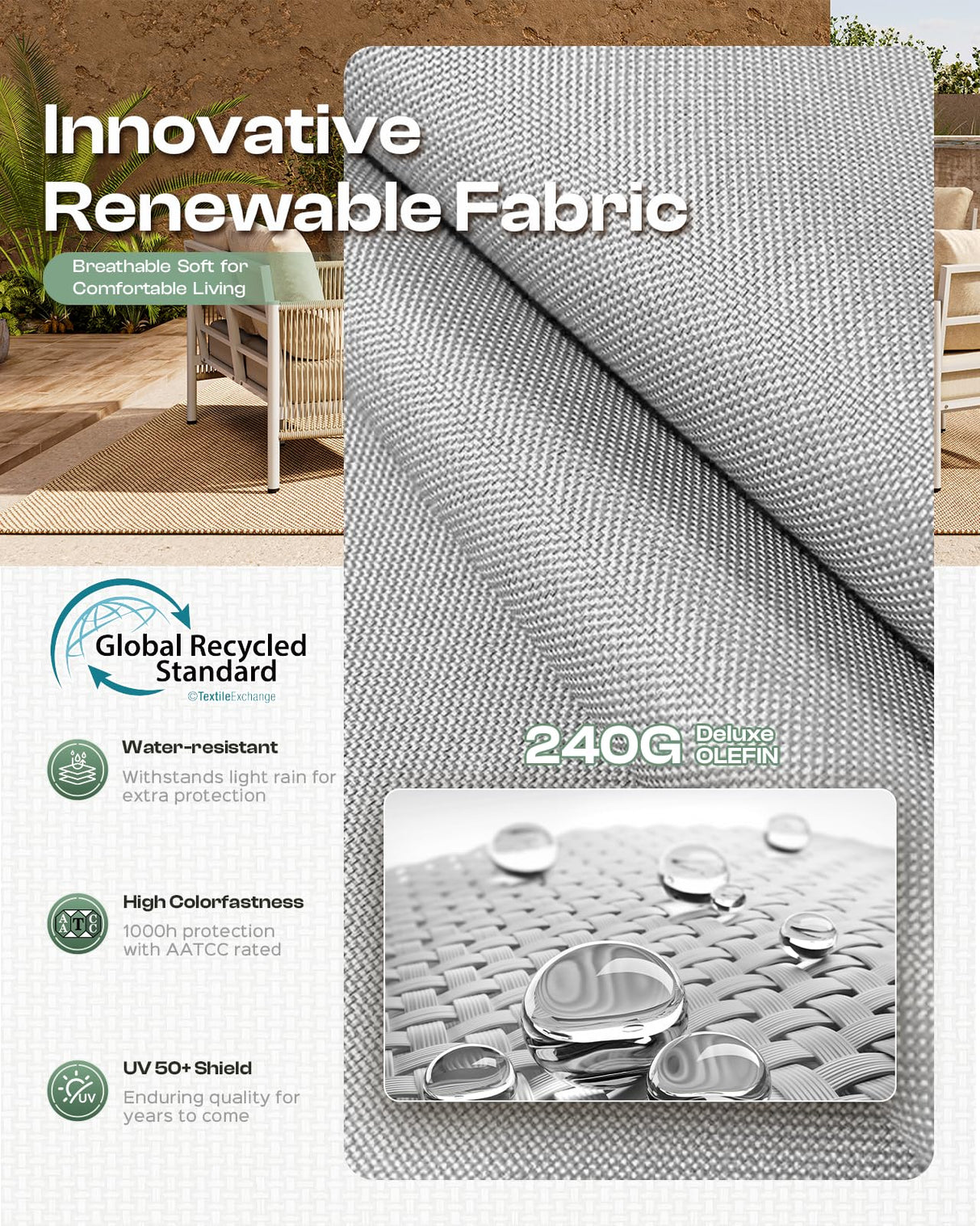 Oasbira Aluminum Outdoor Patio Furniture Set, HDPE Rope 4 Piece Modern Sectional Conversation Sets with Dual-Layer Coffee Table, All Weather Patio Couch Sofa with Thick Cushions, Gray Frame, Gray Oasbira