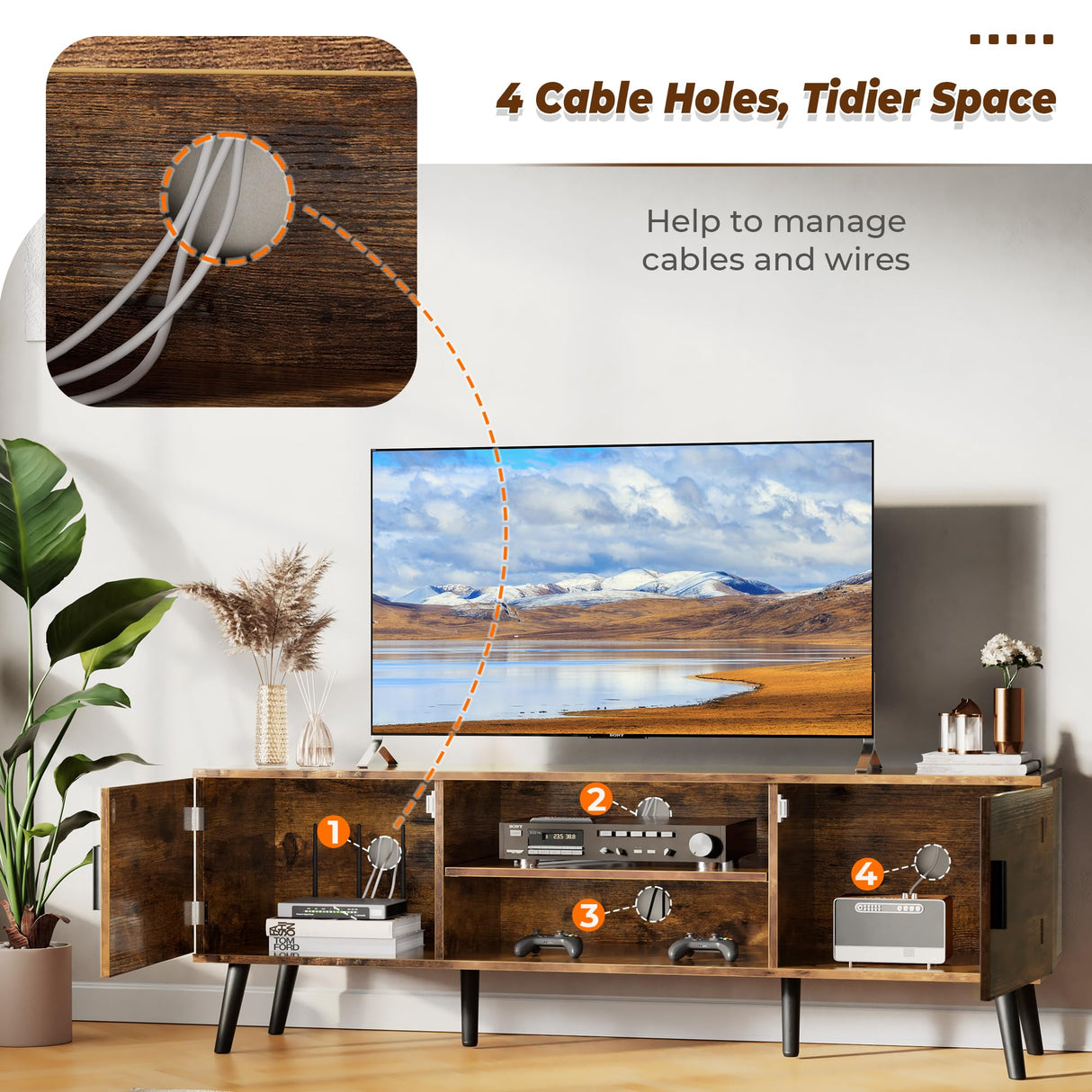 SUPERJARE TV Stand for 55 Inch TV, Entertainment Center with Adjustable Shelf, 2 Cabinets, TV Console Table, Media Console, Solid Wood Feet, Cord Holes, for Living Room, Bedroom, Rustic Brown SUPERJARE