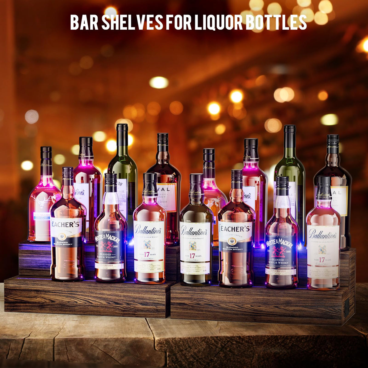 TIRYIUOU LED Lighted Bottle Display Shelf, 2 Pack Bar Shelf, Tabletop Wine Rack, Coffee Syrup Organizer, Home Bar Stand for Liquor Bottles, Mini Bar TIRYIUOU