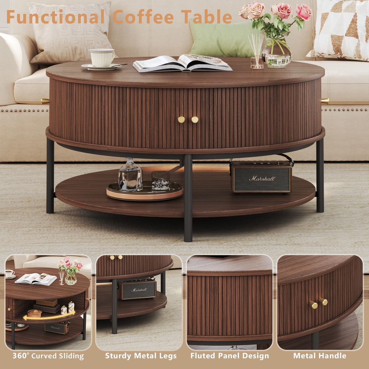 HUAHUU 31.5" Round Coffee Table with Storage, Mid Century Modern Coffee Table with Sliding Cabinet Door, Round Metal Legs, 3-Tier Small Round Coffee Tables for Living Room, Walnut HUAHUU