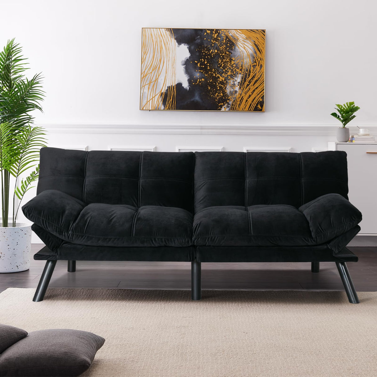 SoarTalent 67” Velvet Futon Sofa Bed Convertible Small Upholstered Couch 2-Seat Loveseat Sleeper with Adjustable Backrest and Armrest for Small Space Apartment,Gaming Room,Office(Black) SoarTalent