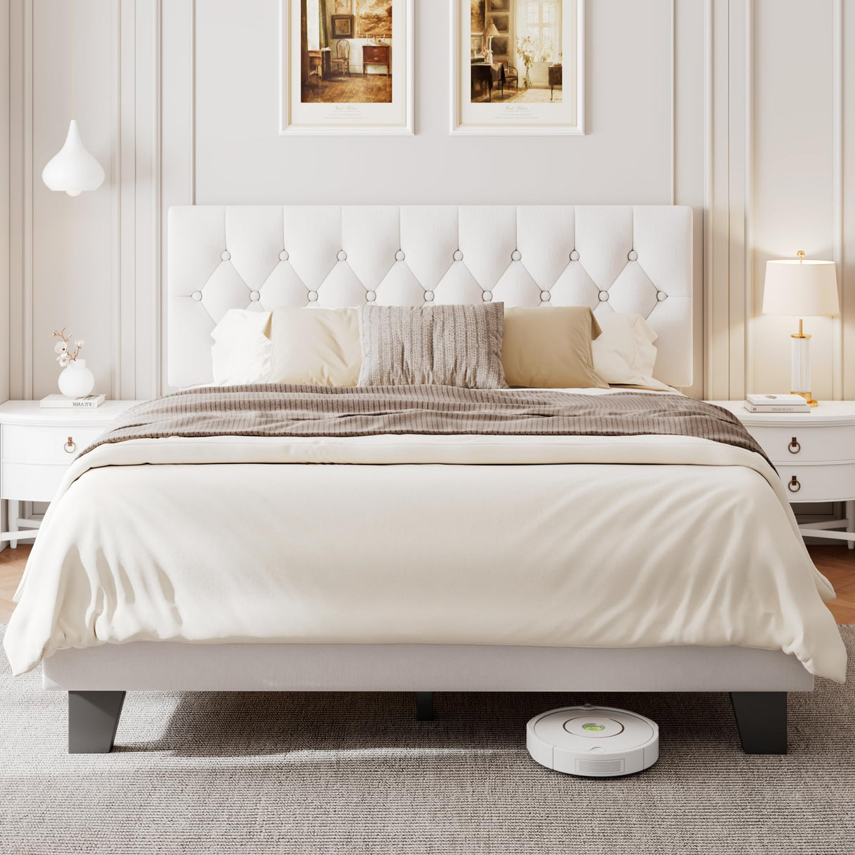 Einhomn Full Upholstered Bed Frame with Headboard, Button Tufted Linen Bed Base, Platform Bed with Wood Slat, Heavy Duty, Easy Assembly, No Box Spring Needed, White Einhomn