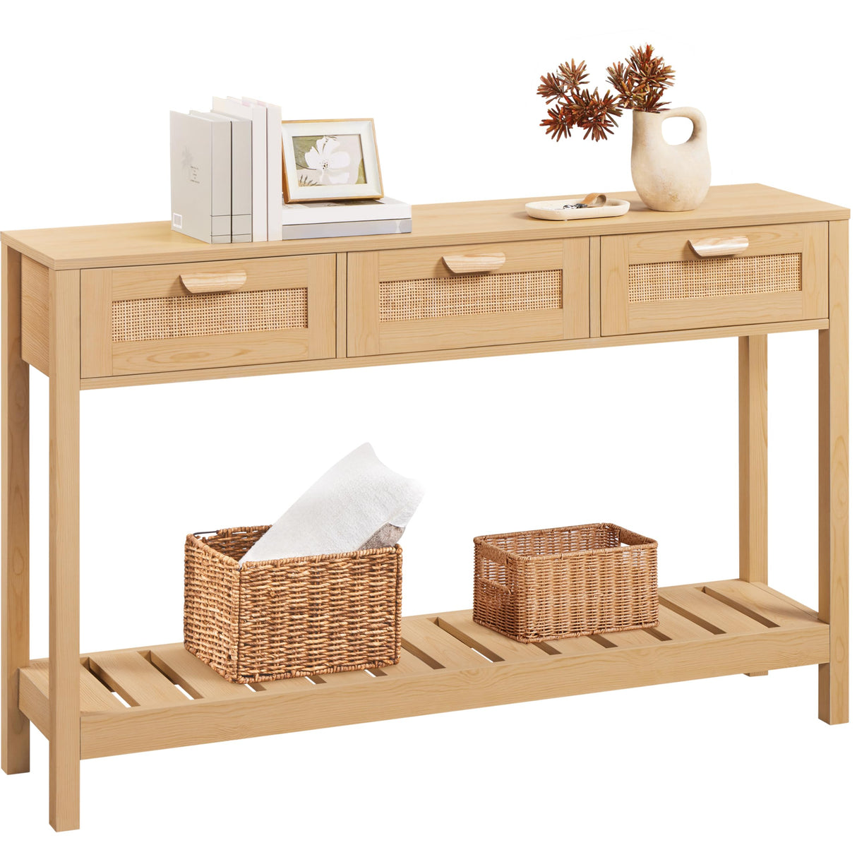 Yaheetech Rattan Console Table, Boho Entryway Table with Storage Drawers and Shelf, Long Hallway Table Foyer Table Sofa Table for Living Room, Corridor and Hallway, Natural Wood Yaheetech