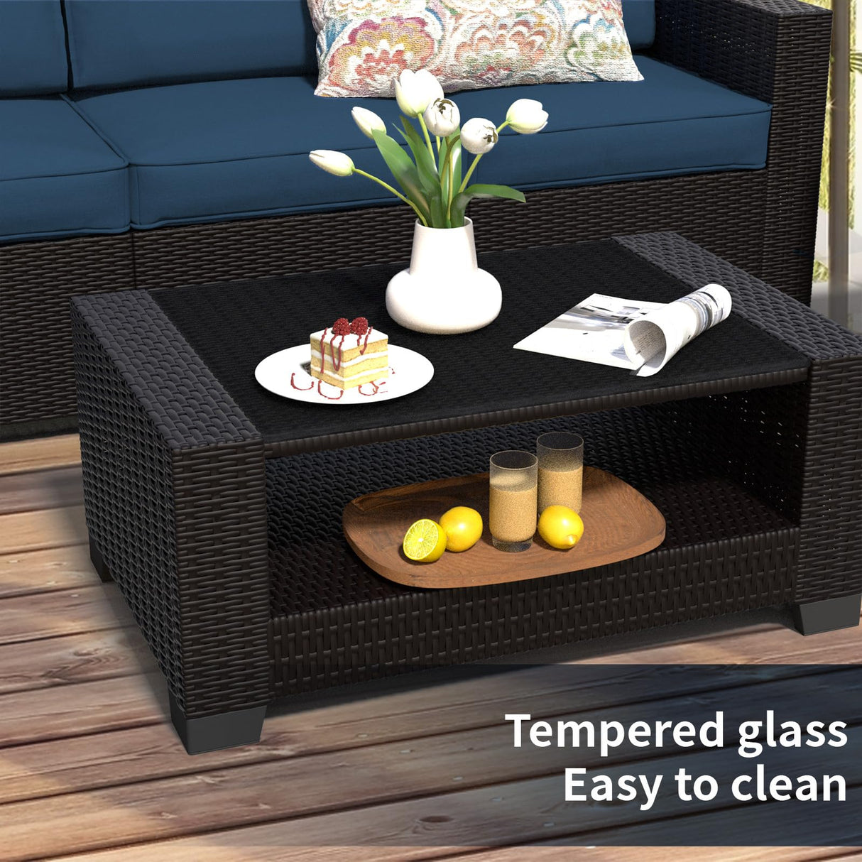 7 Piece Patio Furniture Set, Wicker Outdoor Sectional Sofa with Washable Cushion Covers and Tempered Glass Table, Rattan Conversation Set for Poolside (Black Rattan + Prussian Blue, 7 pcs) SHGJ&SOFT