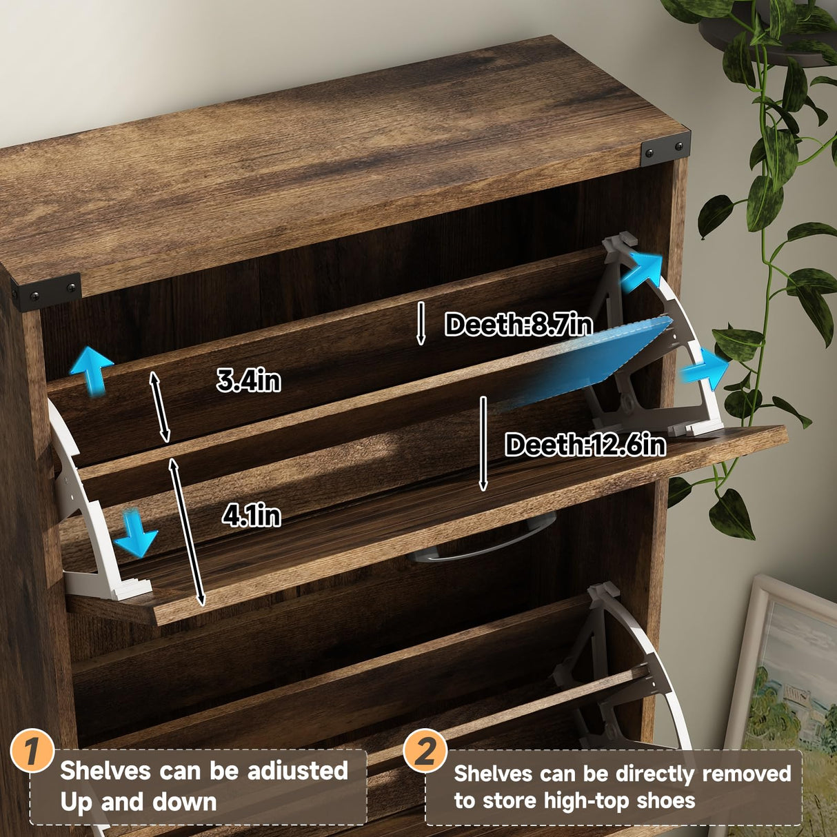 Maupvit 24" W Farmhouse Shoe Cabinet Storage for Entryway, Freestanding Organizer with 3 Flip Drawers, Narrow Shoe Rack Cabinet with Metal Corner Decoration, Rustic Brown Maupvit