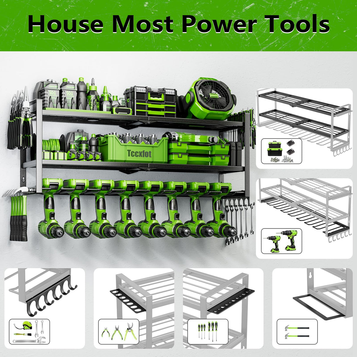 Power Tool Organizer for Tool Storage, 3 Layer 8 Drill Holder Wall Mount, Tool Holder and Storage Rack for Garage Organization, Large Heavy Duty Metal Tool Shelf, Easy Install Utility Storage Rack Tccxfot