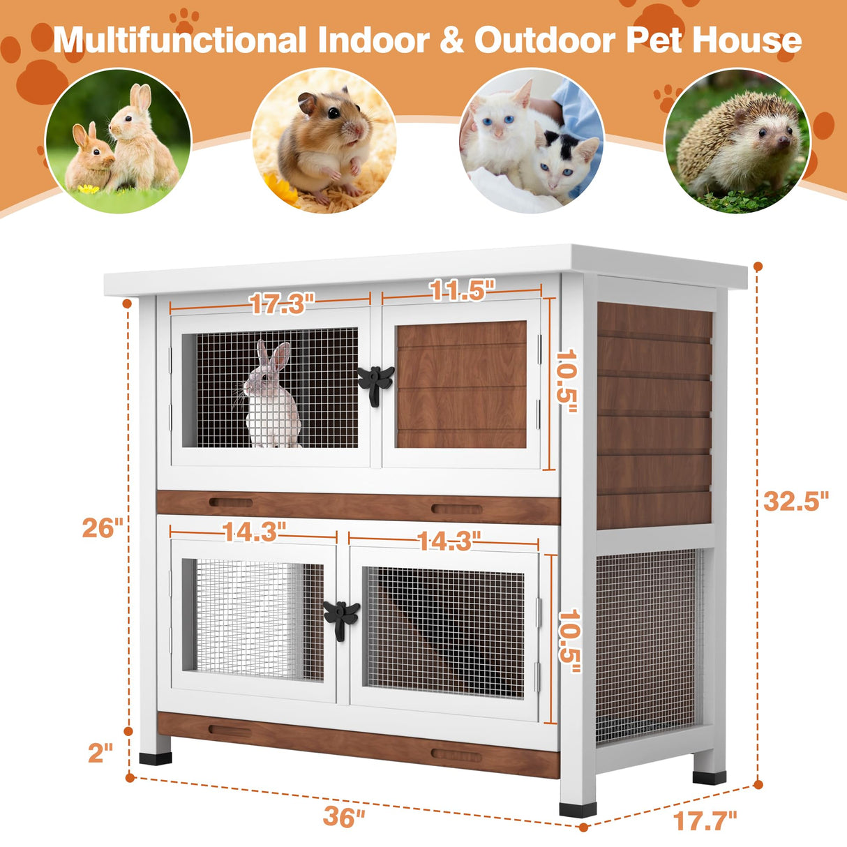 2 Story Rabbit Hutch, Indoor Outdoor Bunny Hutch Solid Wood Rabbit Cage with Removable Trays, Waterproof Asphalt Roofs and Ventilation Door, Small Animal House for Rabbit Guinea Pig Ferret, Walnut AMZOSS