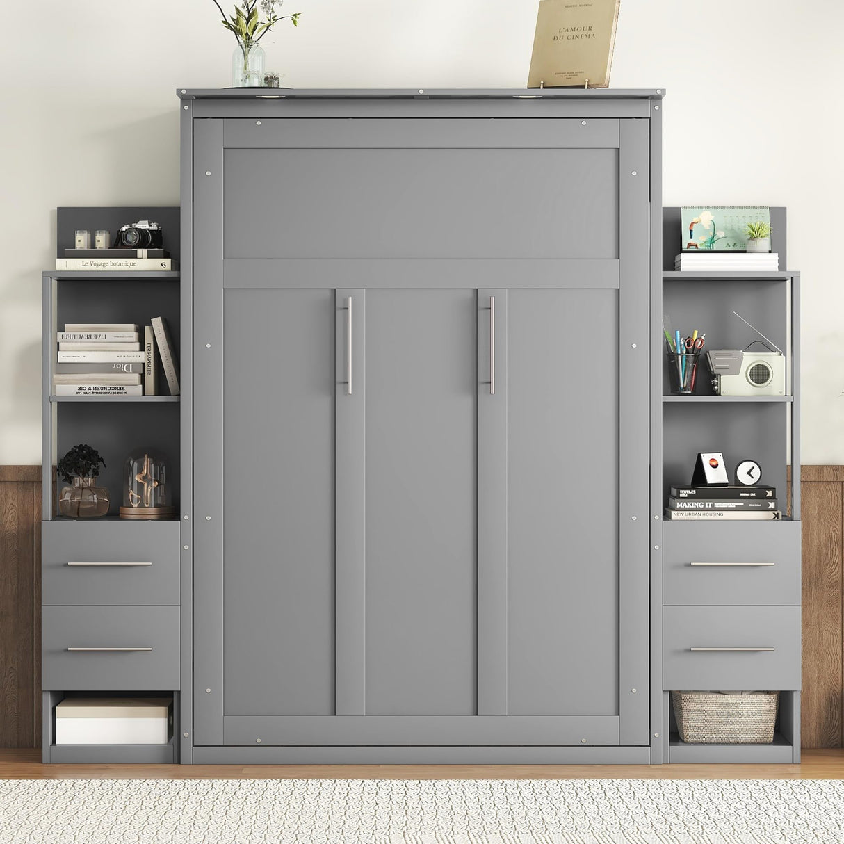 Favfurish Full Size Murphy Bed with Storage Shelves and LED Lights, Wood Foldable PlatformBed Vertical Wall Bedframe for Bedroom Guest Room, Gray Favfurish