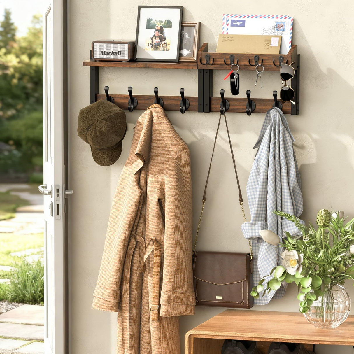 29'' Rustic Coat Rack Wall Mount with Shelf and Key Hooks, Solid Wood Key Holder Wall Mount, Farmhouse Wall Organizer for Mail, Entryway Wall Hangers for Hats, Clothes, Backpacks, Dog Leashes, Mudroom Facilite
