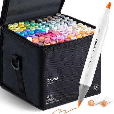 Ohuhu Alcohol Markers Brush Tip- 104-color Double Tipped Alcohol Based Art Marker Set for Artists Adults Coloring Illustration- Honolulu of Ohuhu Markers- Dual Tip Brush & Chisel- Refillable
