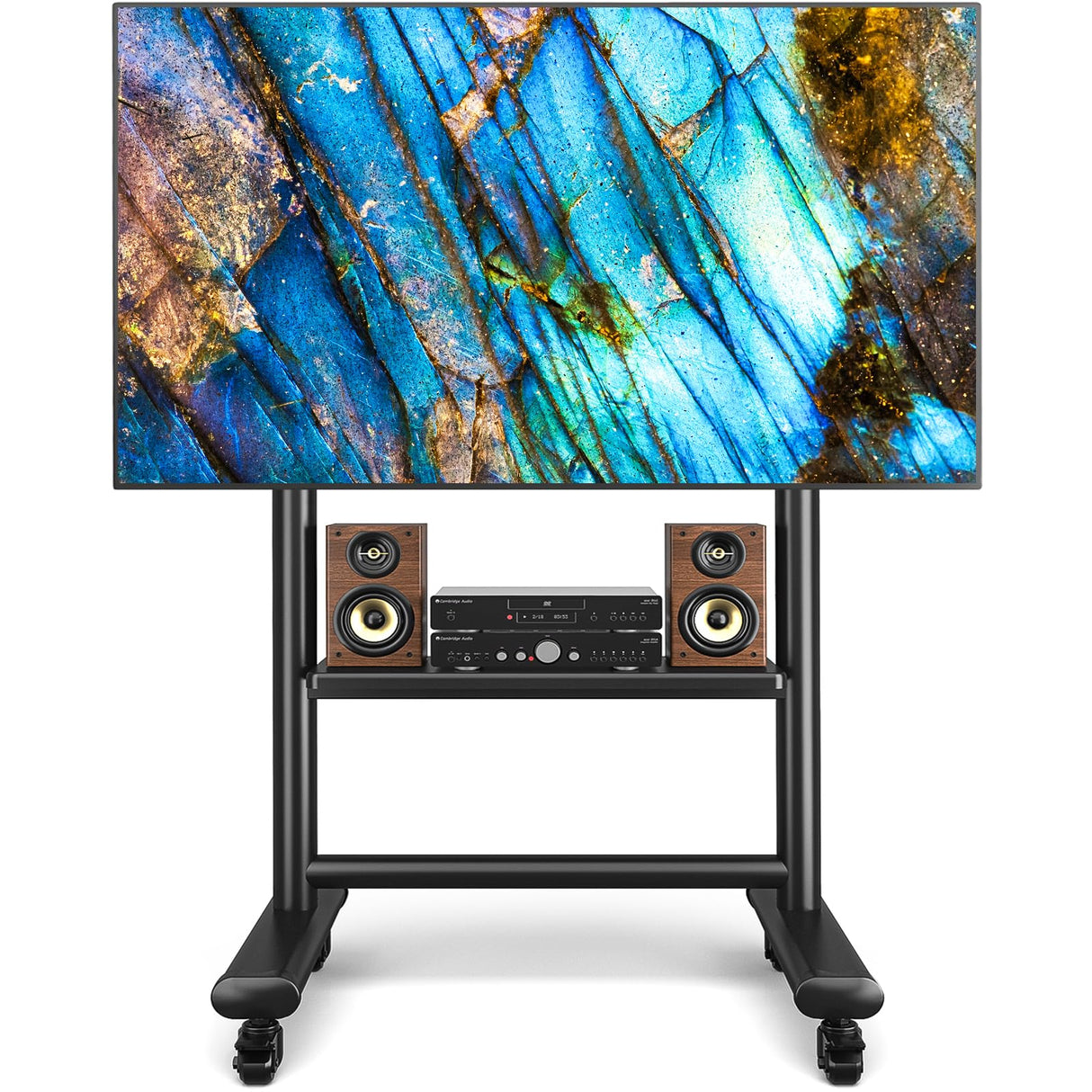 Rfiver Heavy Duty Mobile TV Stand for 50-92 Inch Large TVs up to 200lbs, Height Adjustable Rolling TV Stand with Silent Wheel, Upgraded Floor TV Stand with AV Shelf for Living Room, Office, Trade Show Rfiver