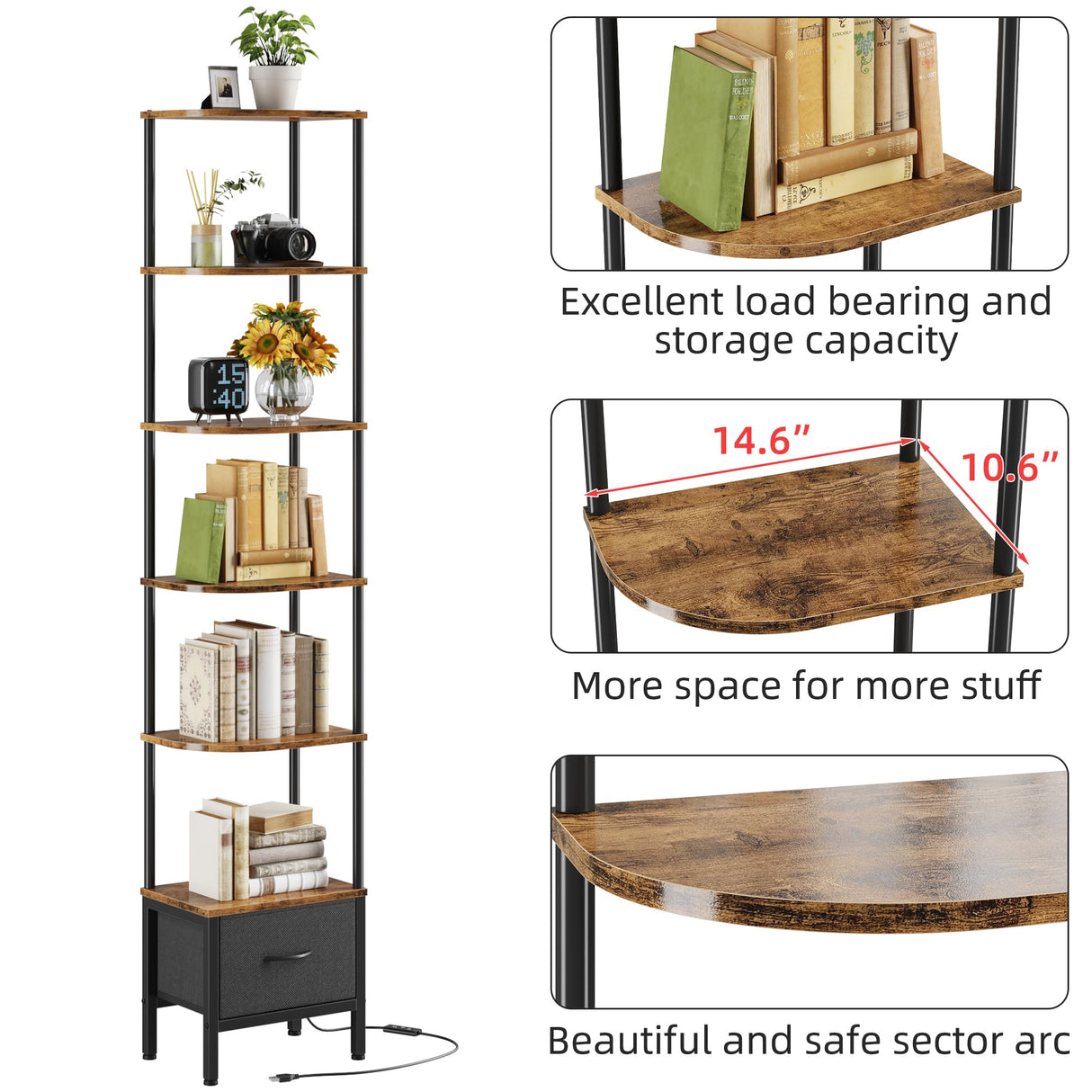 AFLUI 6-Tier Corner Bookshelf with Fabric Drawer and LED Light, 75" Bookcase for Small Space, Narrow Book Shelf for Corner, Display Shelf, Rustic Brown AFLUI