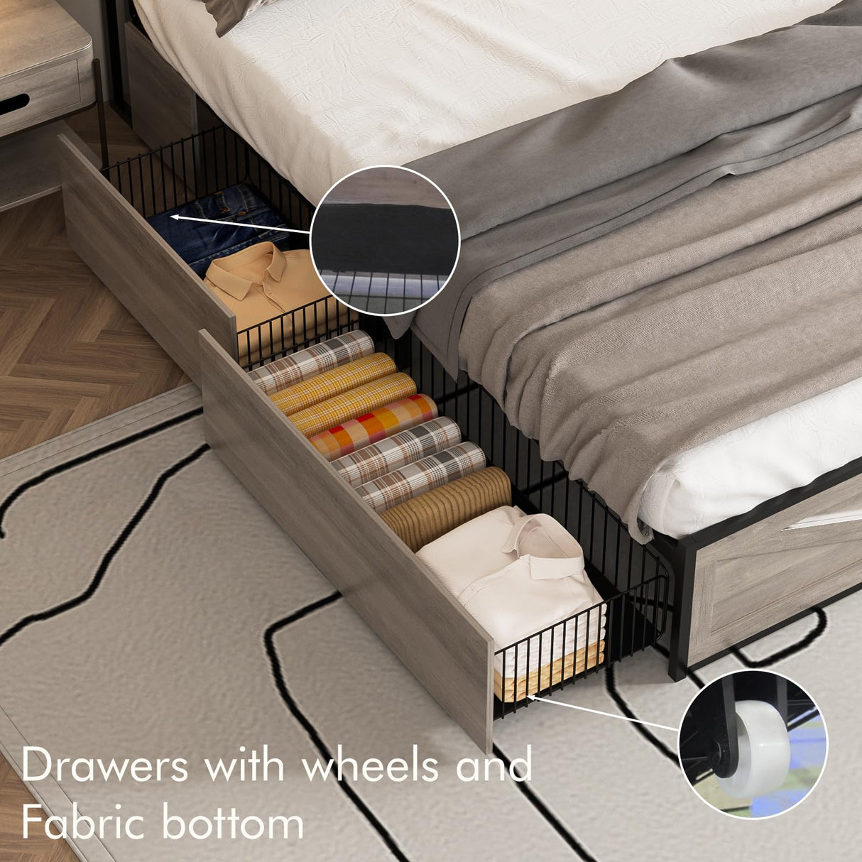 Halitaa LED Queen Size Bed Frame with Charging Station & 4 Drawers, Platform Metal Bed Frame with Headboard USB Ports Outlets, Farmhouse Bed Frame with LED Lights, Noise Free, Wash Grey (Queen) Halitaa