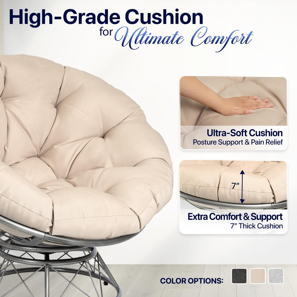 HomeVie 45'' Oversized Swivel Papasan Chair with Cushion and Frame β 7'' Thick Padded Seat + 1.75'' Support Pad, 450 lbs Capacity β Rotating Papasan Chair Frame β Suitable for Bedroom, or Reading Nook HomeVie