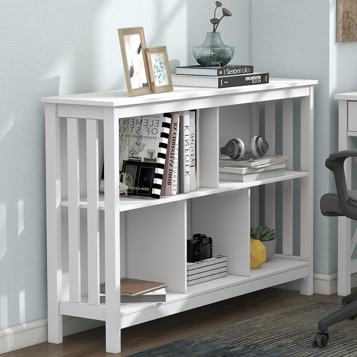 TaoHFE Horizontal Bookshelf - Modern Minimalist 2-Tier Book Shelf with Storage, Short Wide Wood Bookshelf for Classroom, Office, Living Room or Study, White TaoHFE