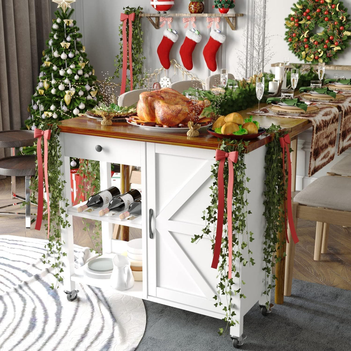 4 EVER WINNER Kitchen Island Cart, Farmhouse Kitchen Island with Drawer Wine Rack, Kitchen Cart Microwave Cart with Storage, Adjustable Shelf Island Table for Kitchen, Living Dining Room, White 4 EVER WINNER