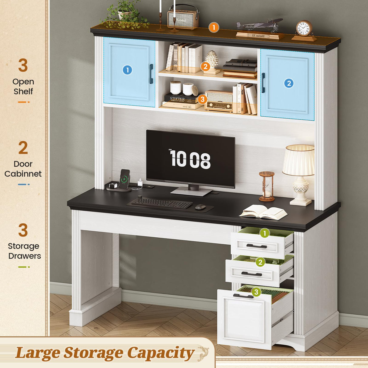 SEDETA Farmhouse Computer Desk with Hutch and 3 Drawers, 47.2" Executive Office Desk with Storage Drawers, Wood Desk with Power Outlet for Home Office, White SEDETA