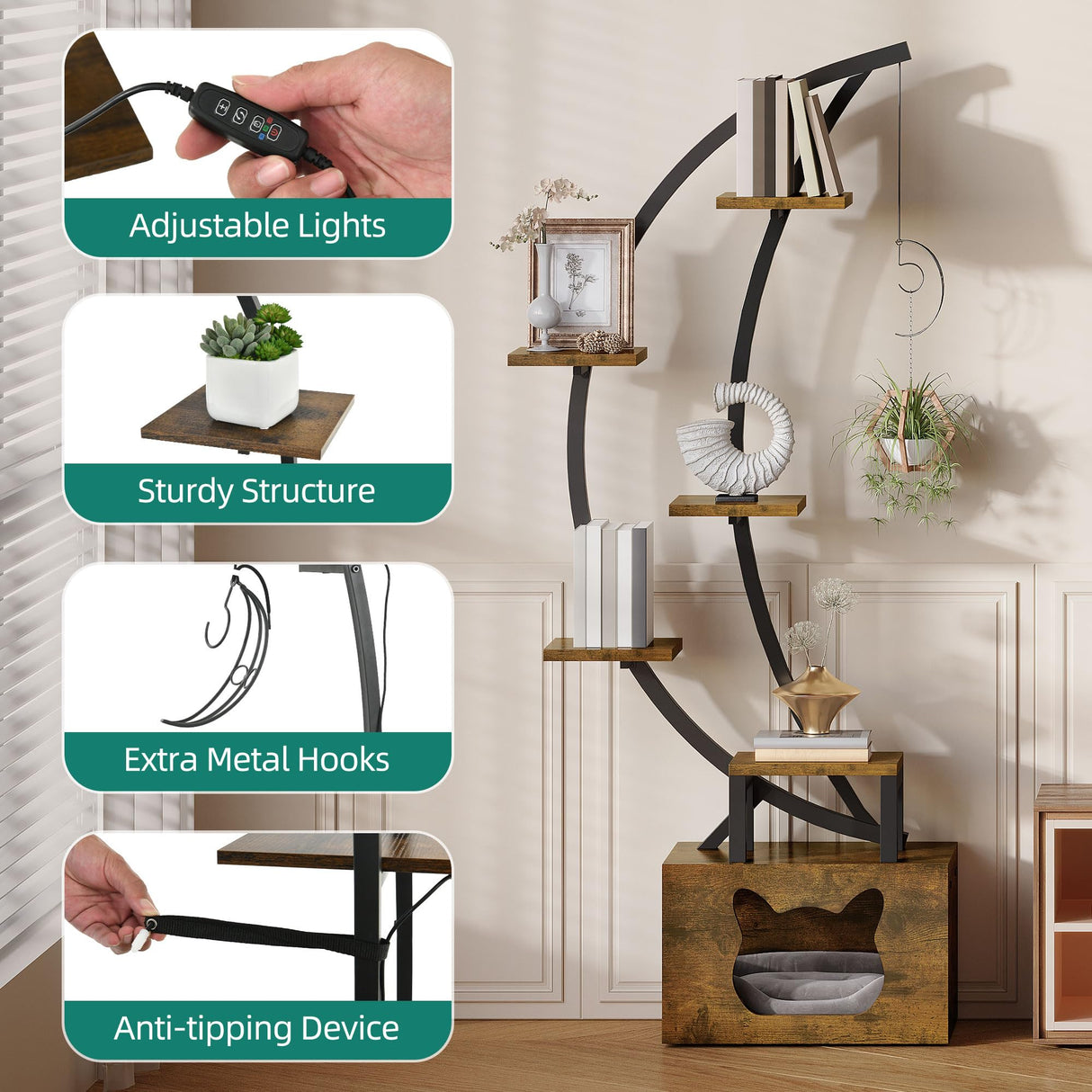 YITAHOME Tall Bookshelf with LED Light, Artistically Designed Arched Bookshelf with Cats Litter Box,10-Tier Bookcase Corner Display Shelf for Home Office, Bedroom YITAHOME