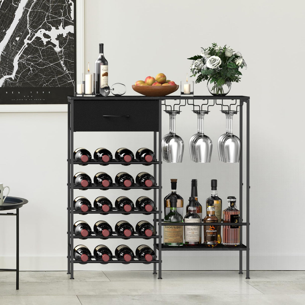 MOOACE Wine Rack Freestanding Floor, Wine Bar Cabinet with Wine Storage and Glass Holder, Mini Home Bar for Liquor Cabinet, Coffee Bar Storage for Kitchen, Dining Room, Living Room, Black MOOACE
