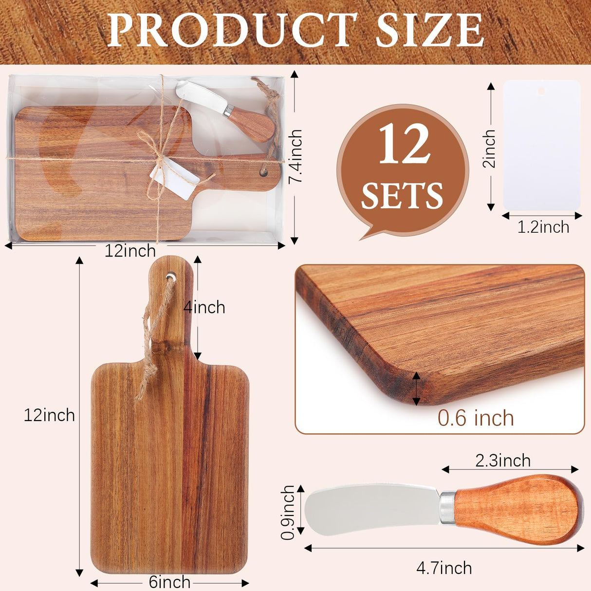 Geetery 12 Sets Acacia Wood Cutting Board with Knife Kitchen Chopping Boards with Handle Engraving Serving Board Charcuterie Boards with Gift Boxes, Cards for Wedding Mother's Day Housewarming Gift Geetery
