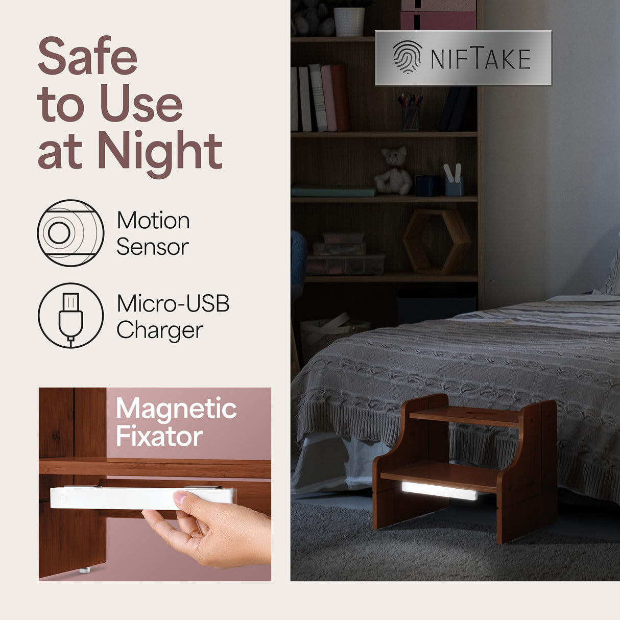 NIFTAKE Kids Step Stool, 250lb Capacity - Safe, Durable, Bamboo Step Stool Kids, Wooden Step Stool for Toddlers, Toddler Step Stool for Bathroom sink, Kids Stool, Toddler Stool-with Auto Light (Brown) NIFTAKE