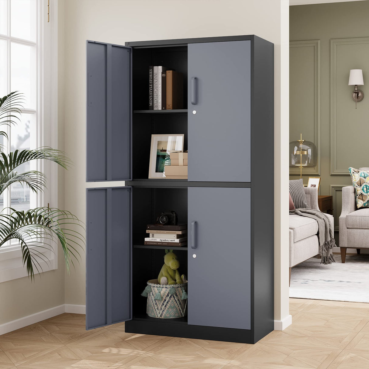 STANI Metal Storage Cabinet, Locking Steel Storage Cabinet with 4 Doors and 2 Adjustable Shelves, 71" Steel Lockable File Cabinet, Tall Steel Cabinet for Home Office,Garage,School STANI