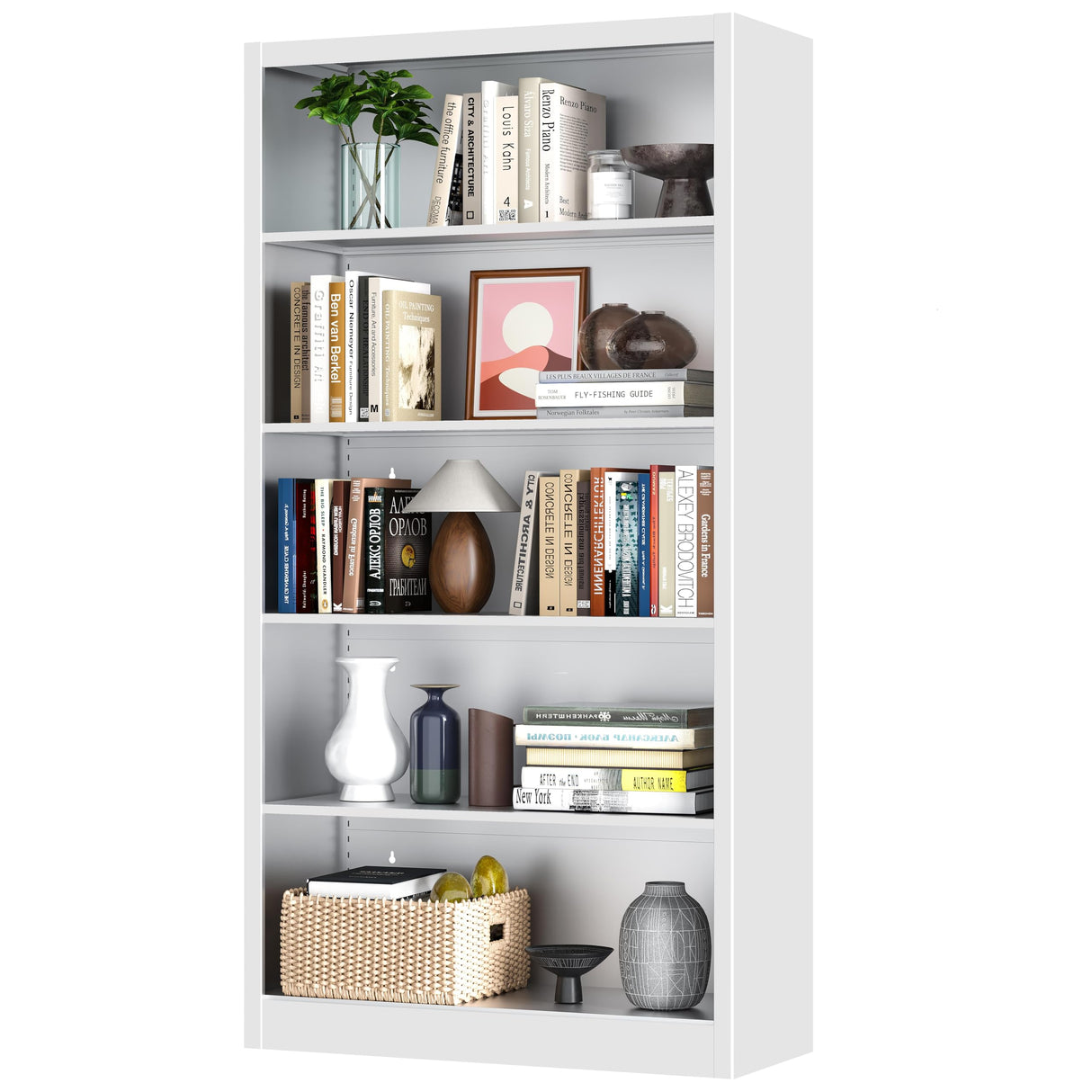 VASAAOSD 66" Tall Metal Bookcase, 5 Shelf White Bookcase with Adjustable Shelves, Large Bookshelves and Bookcases, Modern Book Shelf Storage Organizer for Living Room, Home Office, Library VASAAOSD