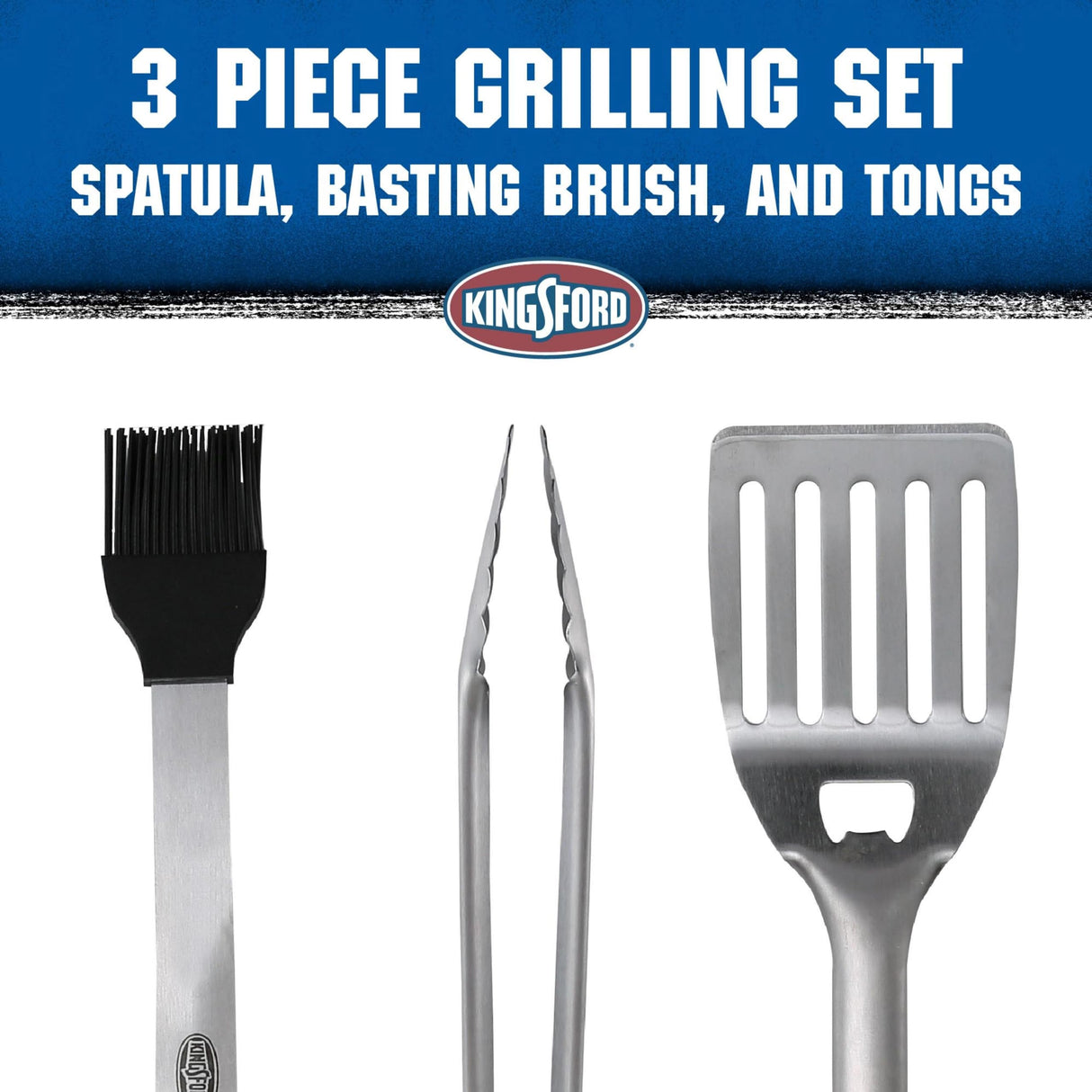 Kingsford Stainless Steel 3 Piece BBQ Tool Set | BBQ Tongs, BBQ Basting Brush, and BBQ Spatula | Rust Resistant Stainless Steel, Grilling Tools for All Grills Kingsford