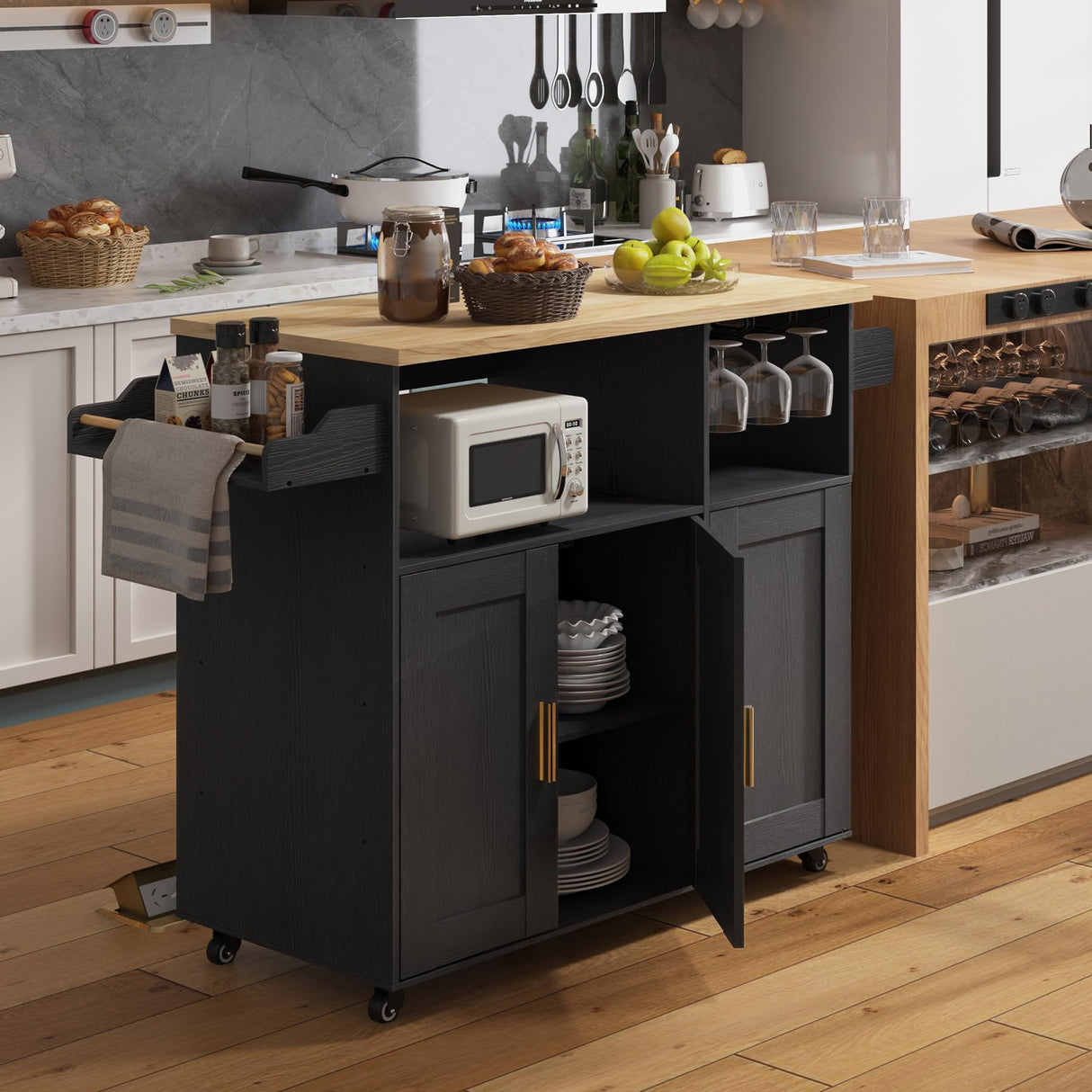 ASTRONAPE Rolling Mobile Kitchen Island Cart Bar, Island Table Storage with 5 Wheels, Rolling Kitchen Cabinet with Power Socket and Towel Rack (Black, Without Counter Top) ASTRONAPE
