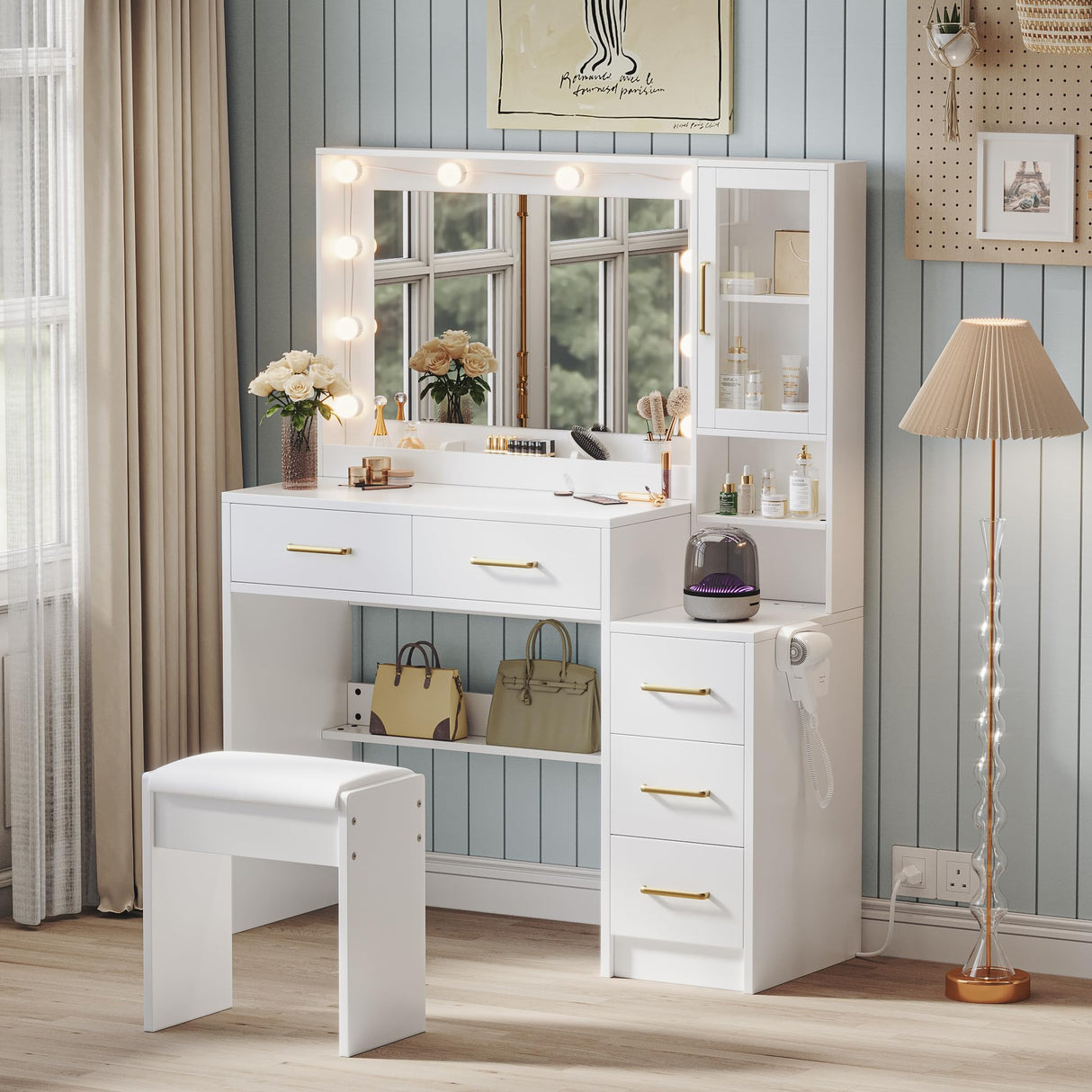 Makeup Vanity with Lights & Charging Station, White Vanity Table with 5 Drawers & Open Storage Shelves, Vanity Desk with Mirror & Lights, Dressing Table Set for Women Girls, Bedroom Makeup Table Set TOKSOM