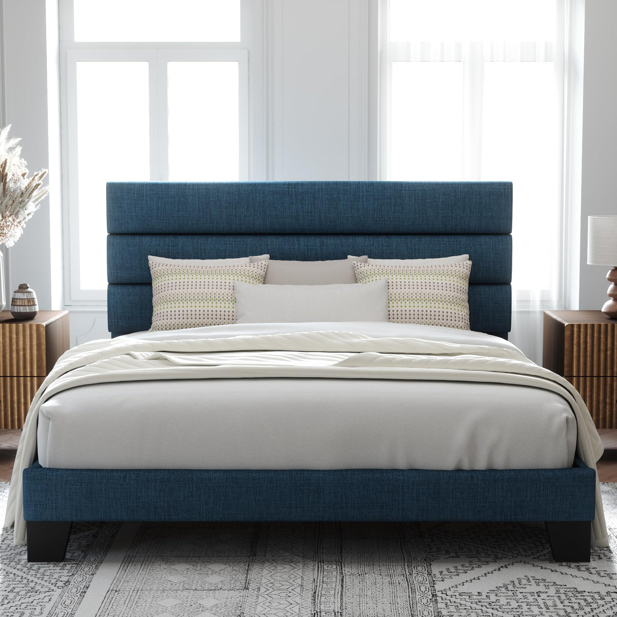 Allewie King Size Platform Bed Frame with Fabric Upholstered Headboard and Wooden Slats Support, Fully Upholstered Mattress Foundation/No Box Spring Needed/Easy Assembly, Navy Blue Allewie