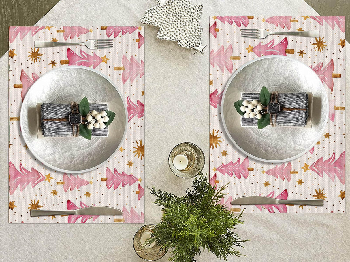 Christmas Placemats Set of 4, 12x18 Inch Pink Merry Christmas Trees Heat-Resistant Place Mats, Seasonal Winter Table Decors for Farmhouse Kitchen Dining Xmas Holiday Party Moutina