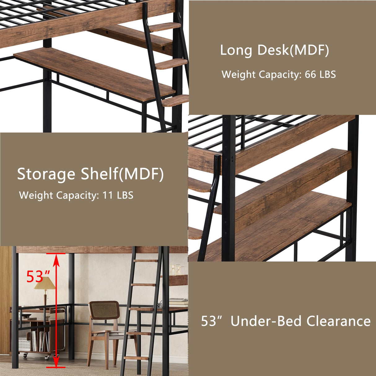 Full Size Loft Bed with Desk and Storage Shelf, Metal Loft Bed Full Size with Buil in Ladder and Full Length Guardrail, Full Size Loft Bed for Kids, Teens, Black Loft Bed Full Bellemave