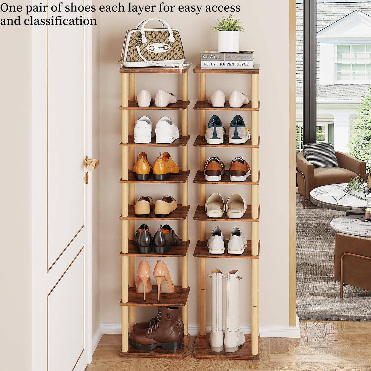 LUCKNOCK Vertical Shoe Rack, 8-Tier Tall Narrow Shoe Organizer for Entryway, Closet, Dorm & Small Spaces, Freestanding Wooden Shoe Shelf Tower for Boots, Sneakers, Heels. (Rustic Brown) LUCKNOCK