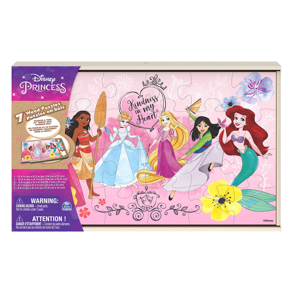 Disney Princess, 7 Wood Puzzles Jigsaw Bundle 12-Piece 16-Piece 24-Piece Ariel Tiana Rapunzel Pocahontas with Storage Tray, for Kids Ages 4 and up Spin Master Games
