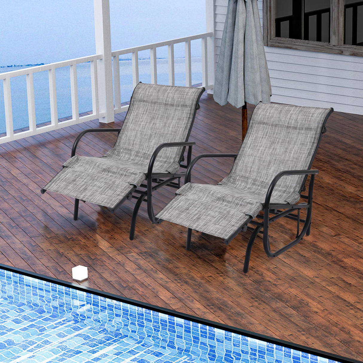 Patio Lounge Chairs Set of 2, Outdoor Glider Recliner Chair Set, 2 PCS Rocking Chairs with Breathable Mesh Fabric Swing Chairs with Foot Rest for Sunbathing, Lawn, Garden or Pool, Grey Garturects