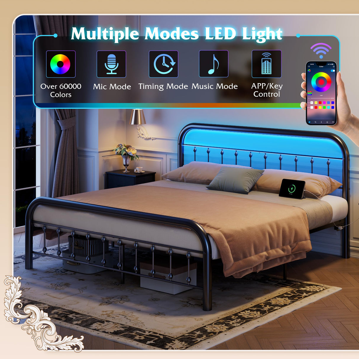 WLIVE Bed Frame King Size, King Size Bed Frame and Headboard, King Bed Frames with LED Lights and Charging Station,No Box Spring Required,Easy Assembly,Black WLIVE