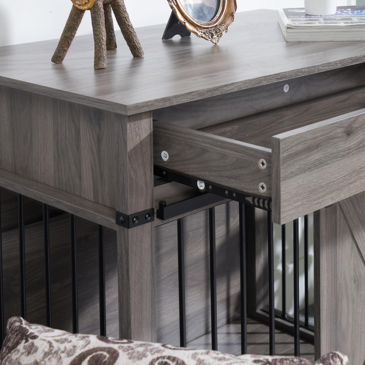 Wooden Dog Cage Furniture Style Farmhouse Dog Crate Side End Table Indoor Dog Kennel with Drawers Sliding Barn Door Cage for Dog, Waterproof, Resistant Scratch, All Breed Sizes Generic