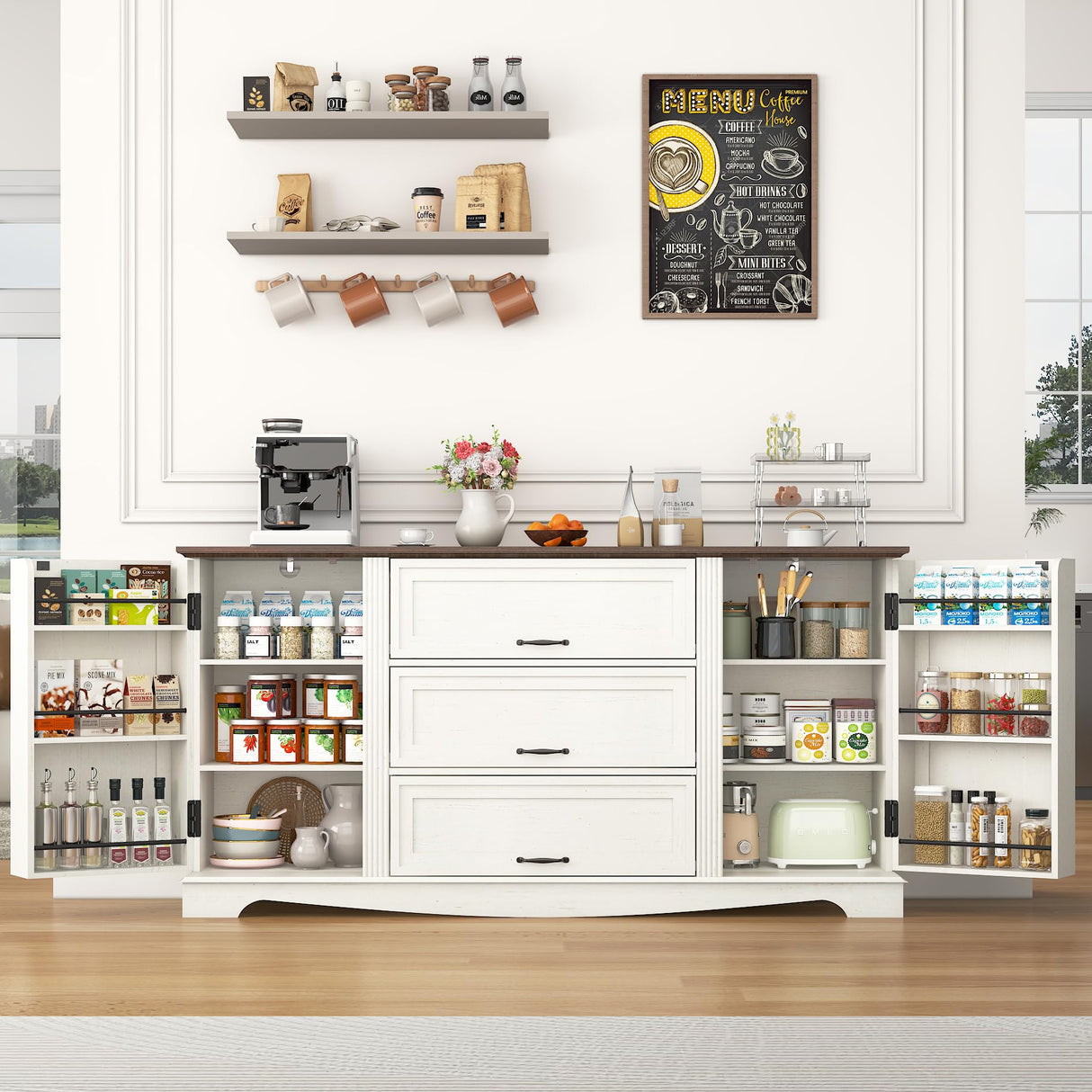 65" Sideboard Buffet Cabinet with Storage, Farmhouse Kitchen Pantries Sideboard Cabinets with Drawer, Wood Coffee Bar Cabinet with Adjustable Shelves, Storage Cabinets for Kitchen, Antique White chartustriable