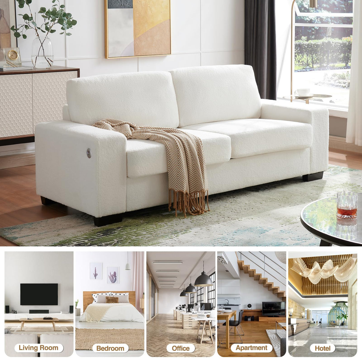 FiveWillowise 79" Loveseat Sofa for Living Room, Modern Comfy Couch with Charging Ports and Solid Wood Legs, Small Couch Sofa for Small Space,Apartment,Bedroom,Livingroom,White FiveWillowise
