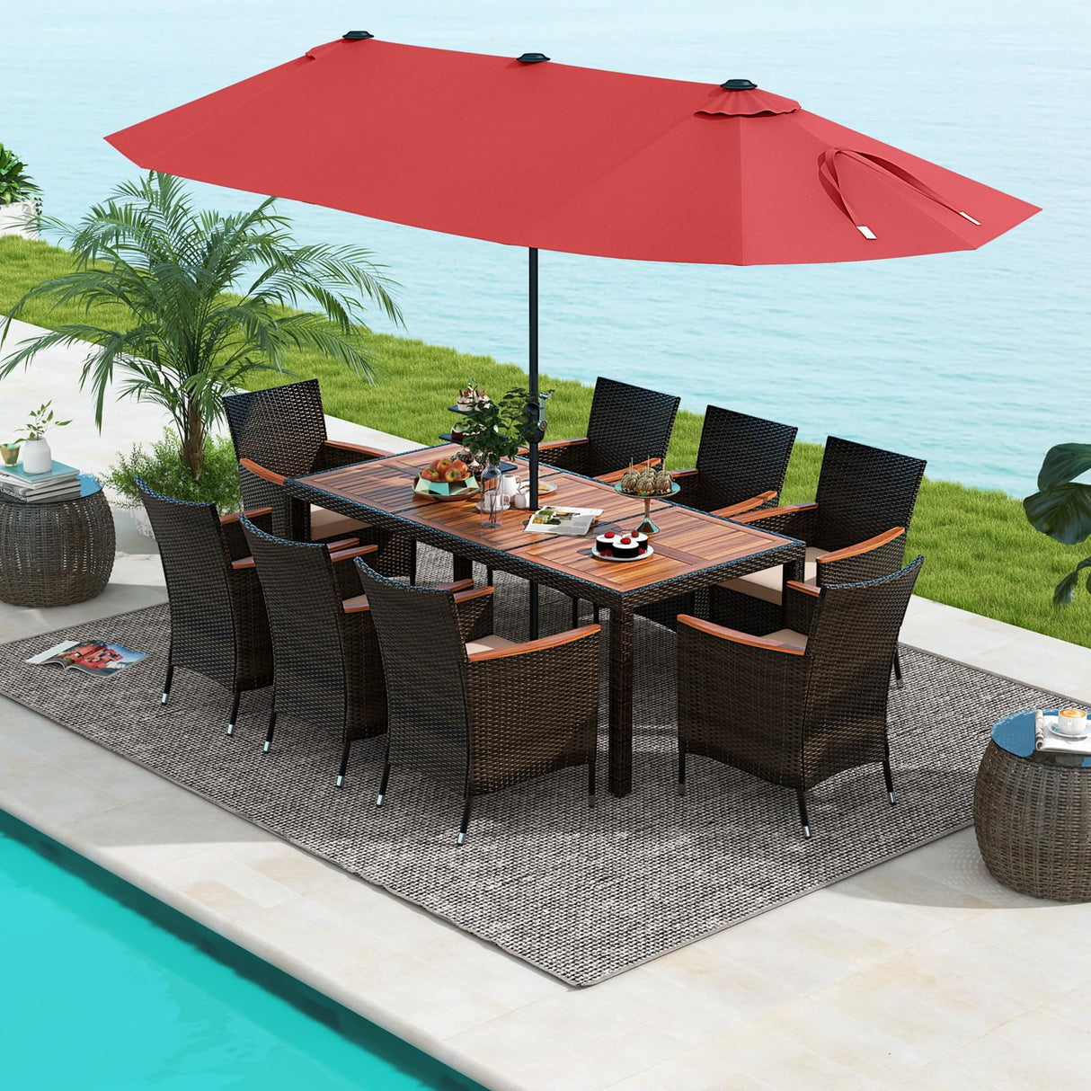 Tangkula 10 Piece Patio Rattan Dining Set with 15Ft Double-Sided Umbrella, Outdoor Heavy Duty Acacia Wood Table and Stackable Wicker Chairs Set, Umbrella with Weighted Base Tangkula
