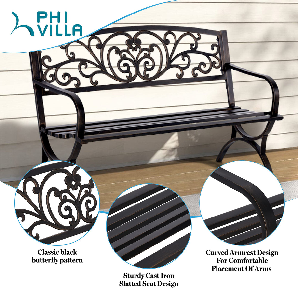 PHI VILLA 50Inch Cast Iron Steel Frame Garden Bench Patio Furniture Chair Outdoor Bench w/Floral Design Backrest, Slatted Seat for Park, Yard & Porch, Bronze PHI VILLA