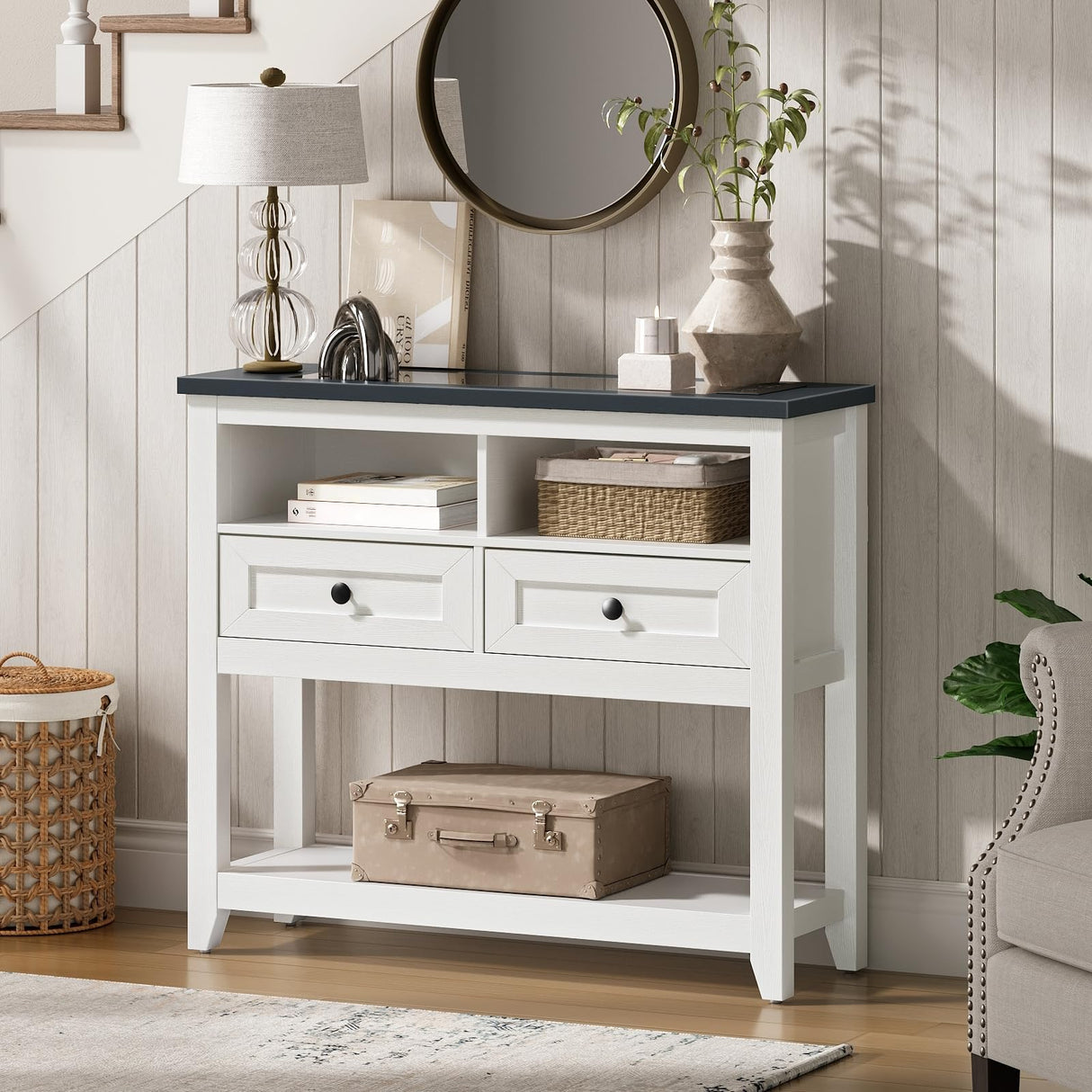 RALGEND Farmhouse Console Table with Charging Station and LED Strip, Entryway Table with 2 Drawers, Sofa Table with Storage, for Entryway, Living Room, Hallway, White and Ink Blue RALGEND