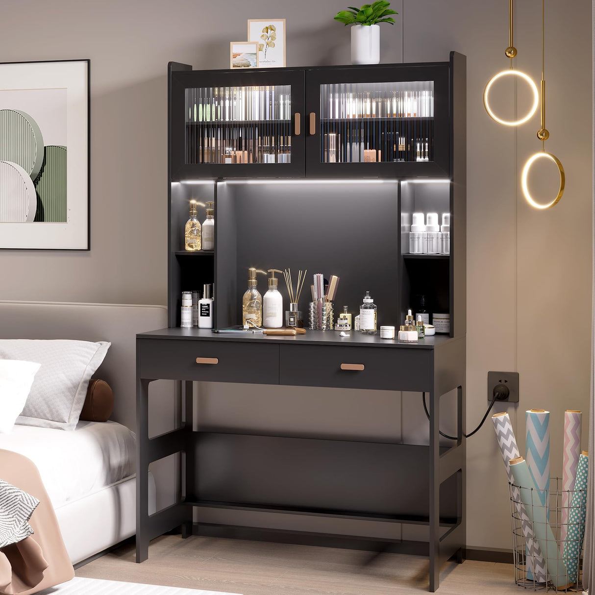 Vlsrka LED Computer Desk with Hutch, 40 Inch Modern Gaming Desk with Power Outlet, Wooden Home Office Desk with Storage Drawers & Shelves (Black) Vlsrka