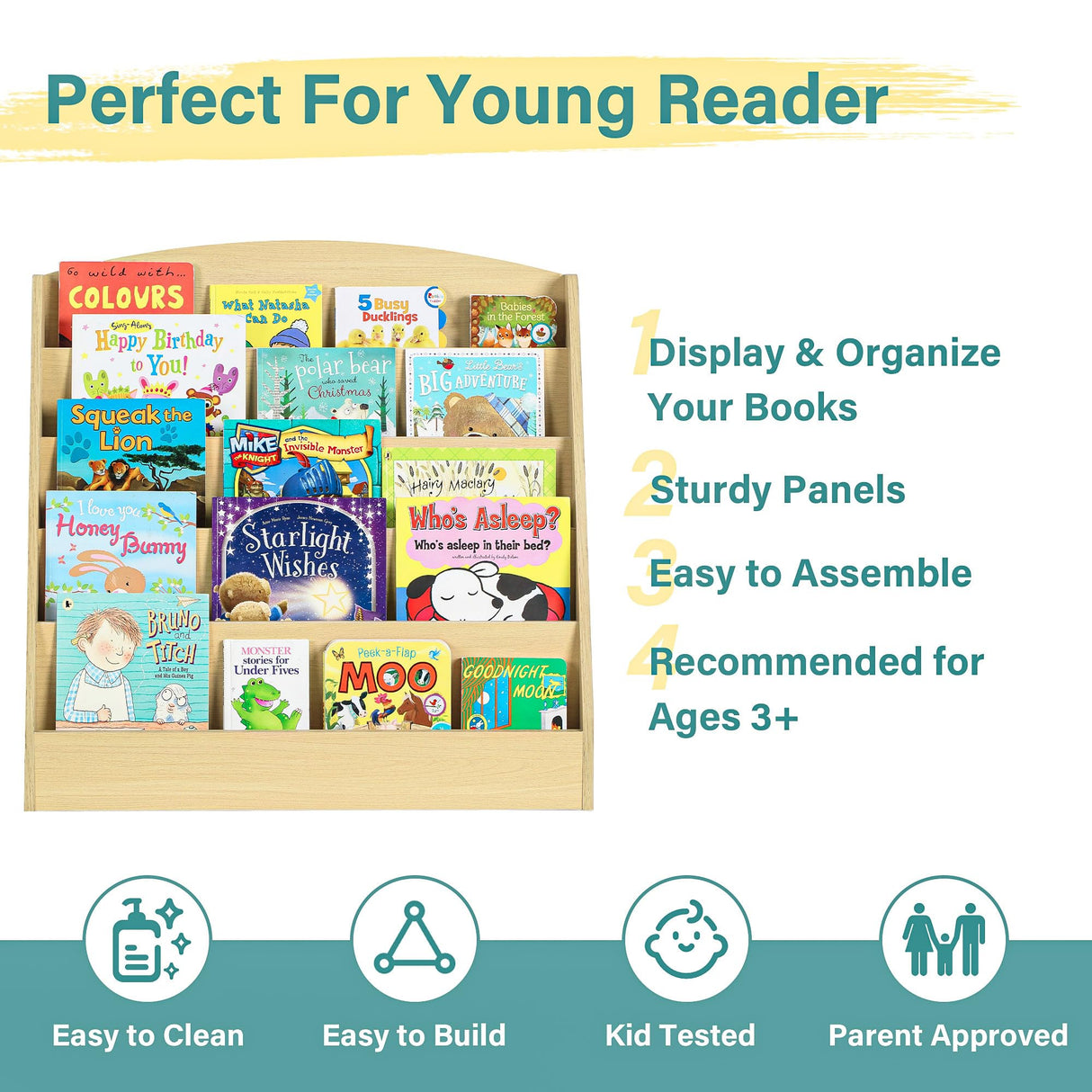 TOETOL 5-Tier Kids Bookshelf - Toddler Book Display Shelves for Classrooms, Playrooms, and Nursery - Wooden Children Book Rack (Natural) TOETOL