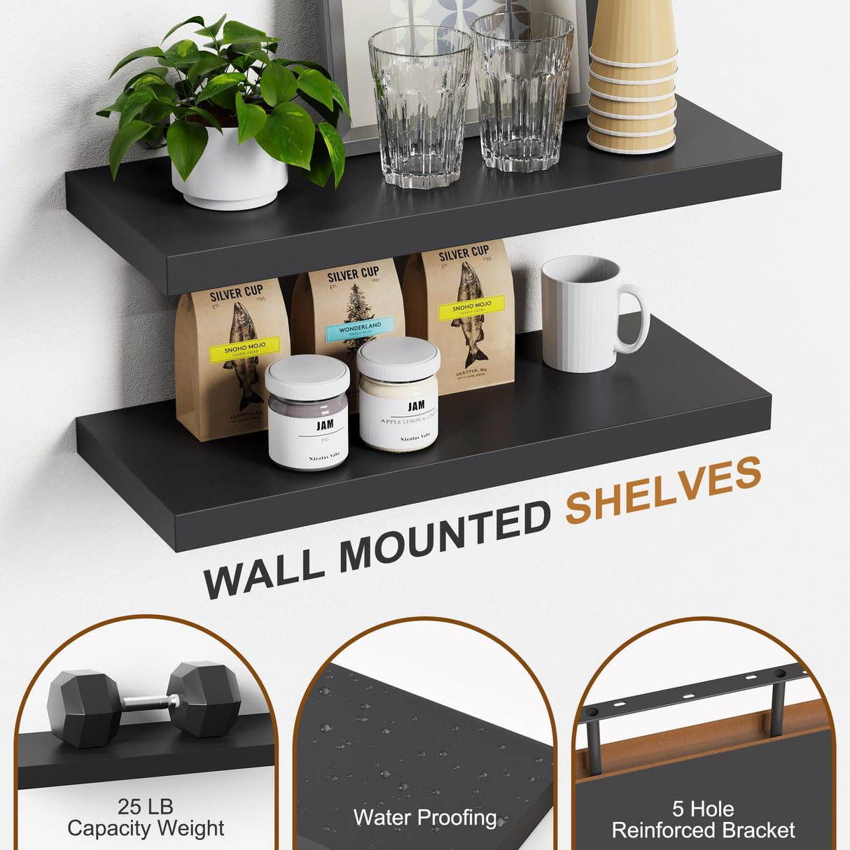 Bellsal Floating Shelves for Wall, Black Engineered Wood Wall Shelf Set of 4, 16" Wall Mounted Floating Shelf for Kitchen, Living Room, Bedroom, Bathroom Storage, Book Shelf for Home Decor Bellsal