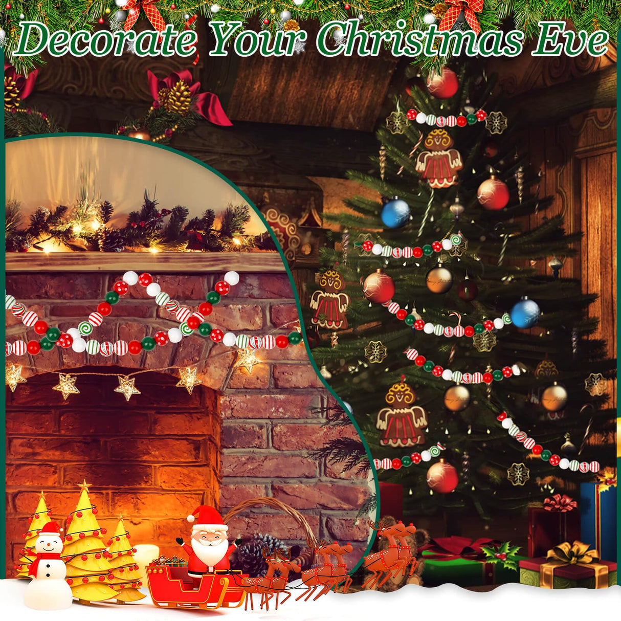 ROADPLUM 320 PCS Christmas Wooden Beads with Jute Twine, 16mm Wooden Christmas Beads in 11 Styles, Wooden Craft Beads with Holes for Christmas Party Holiday Decoration and Bracelet Making ROADPLUM